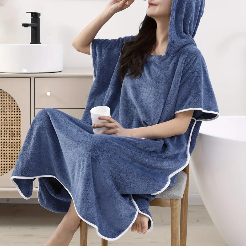 105 x 85 cm Damen-Bademantel mit Kapuze, dick, saugfähig, Korallen-Fleece-Bademantel mit Kapuze, weiches Home-Spa-Kleid für Dusch-Lounge, Polyester