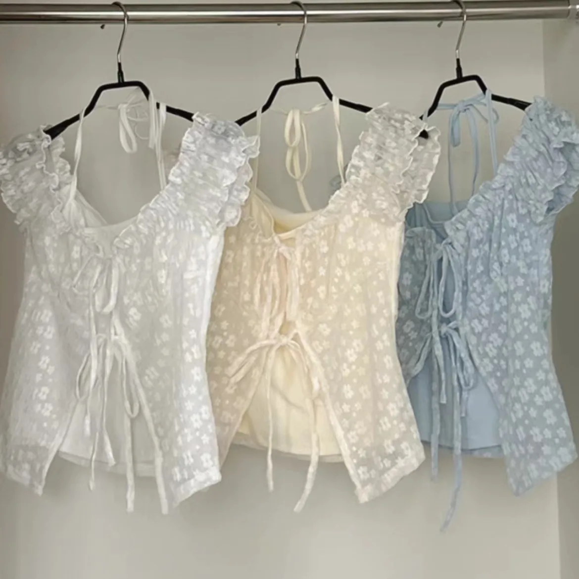 Chic verano Floral encaje ort Sve Top mujer diseño sentido colgante Ne falso de dos piezas ort irt coreano Sle mezcla de algodón