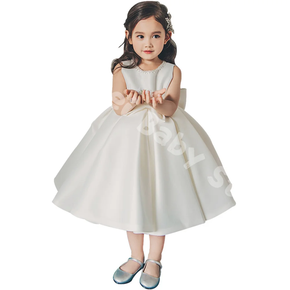 Flower Girl Dresses First Communion Dress White Sleeveless For Weddings Bow Tulle Party Little Girls Pageant Princess Dress