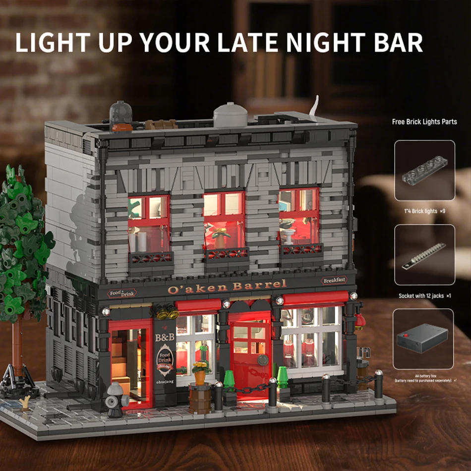 MOC City Oaken Barrel Pub Two-story Bar Street View Building Blocks Modern Tavern Architecture Bricks Toys for Kids Adults Gifts