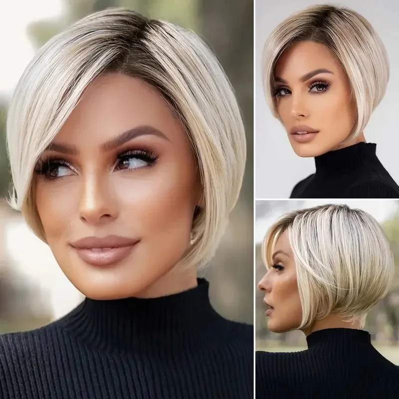 연회용 여성 드레스업 헤어피스 짧은 머리 여성 데일리 의류 매치 사이드 스윕 뱅 가발 이브닝 파티 헤드웨어 스트레이트 헤어