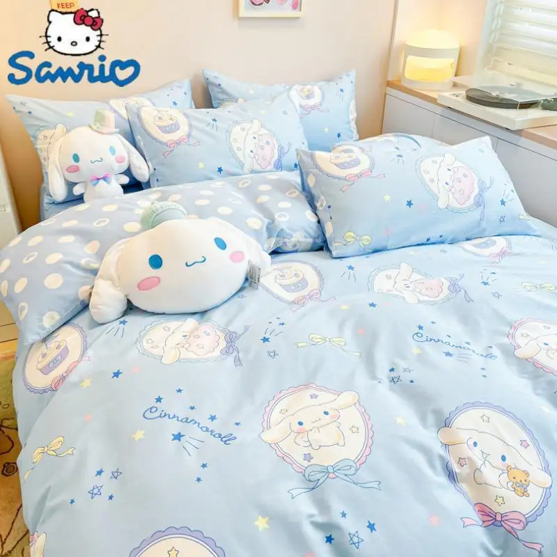 Sanrio Cartoon Bed Set Of Four Cinnamoroll Cotton Kawaii Kuromi Cute Home Four-piece Set Cotton High-end Bed Sheet Quilt Cover