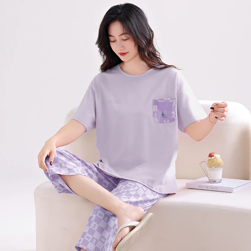 Newest Summer Casual Pajamas Set Women 100% Cotton Sleepwear Female Short Top+Calf-Length Pant Pyjamas