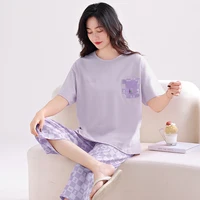 Newest Summer Casual Pajamas Set Women 100% Cotton Sleepwear Female Short Top+Calf-Length Pant Pyjamas - Image 4