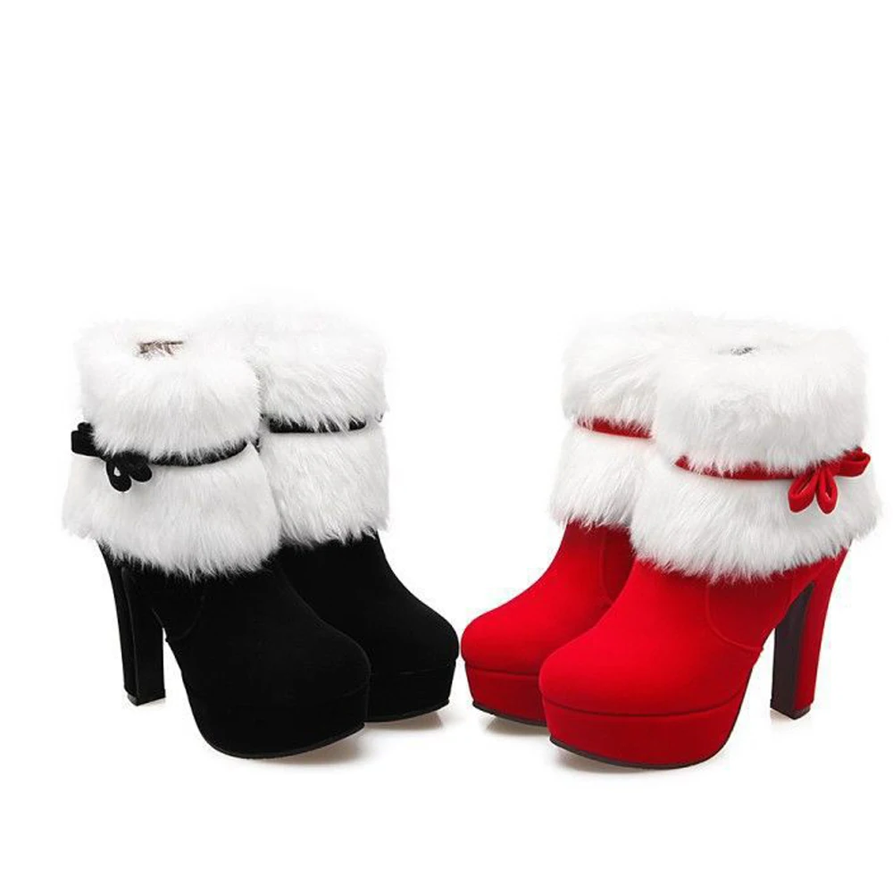 

Женская зимняя теплая модная обувь, рождественская женская обувь Санта-Клауса для косплея, красные ботильоны на высоком квадратном каблуке