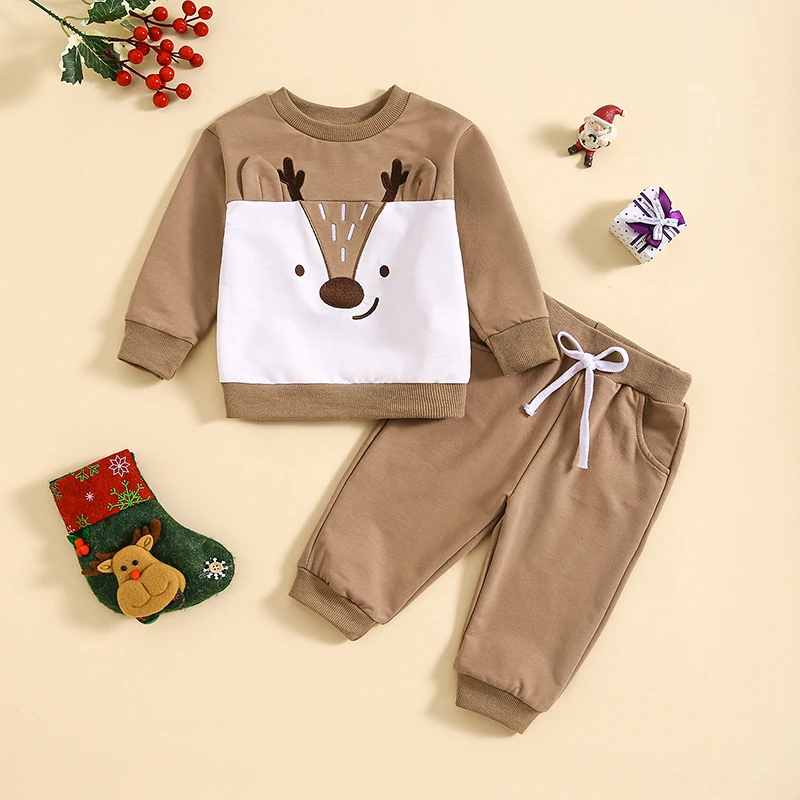 

Boys Christmas 2PCS Outfit Sets Long Sleeve Reindeer Print Sweatshirt and Matching Solid Color Pants Sets for Winter Festivities