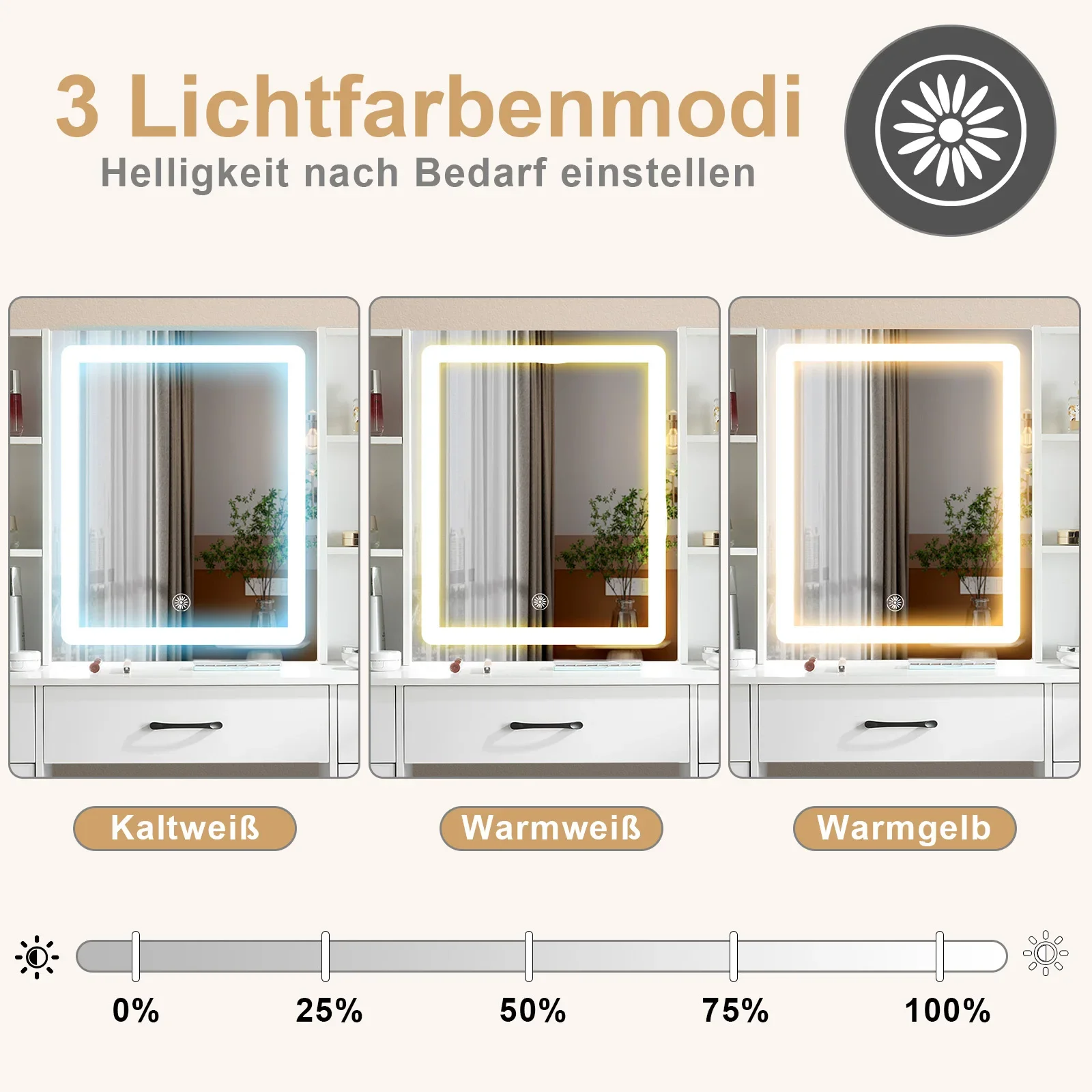 Large Dressing Vanity Set, 10 3 Color Dimmable LED Bulbs Mirror, 3 Drawers Storage Modern Bedroom Furniture