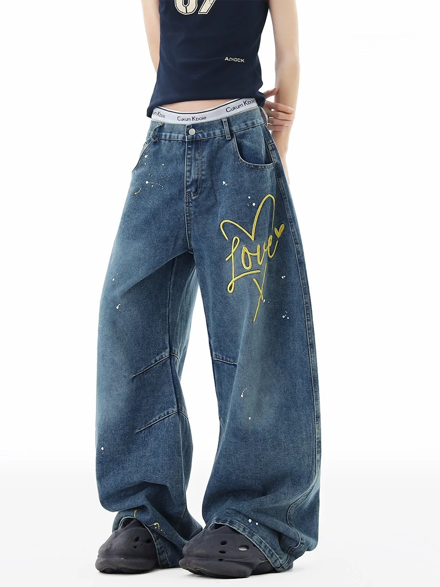 American Style Splashed Ink Embroidery Jeans Men Women Winter Trendy Design Bend Knife Pants Cleanfit Wide Leg Long Pants