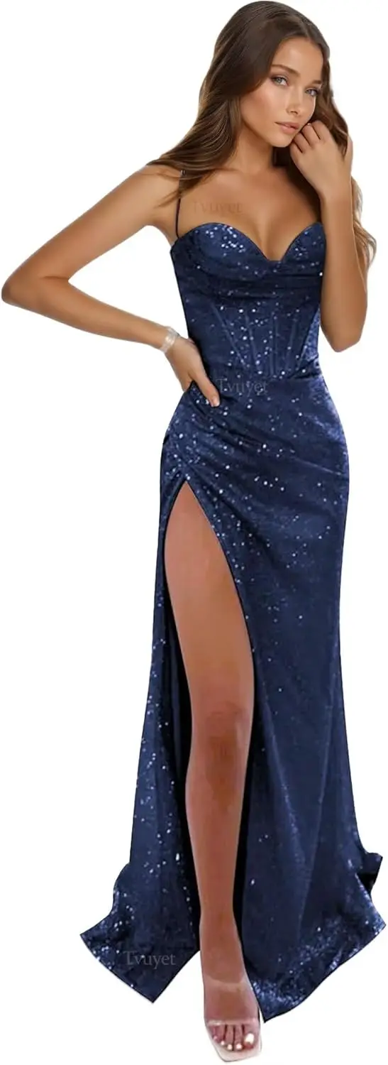 Vestido de baile feminino elegante, slim fit, lantejoulas, saia rabo de peixe e fenda, vestido de noite longo formal para ocasiões especiais