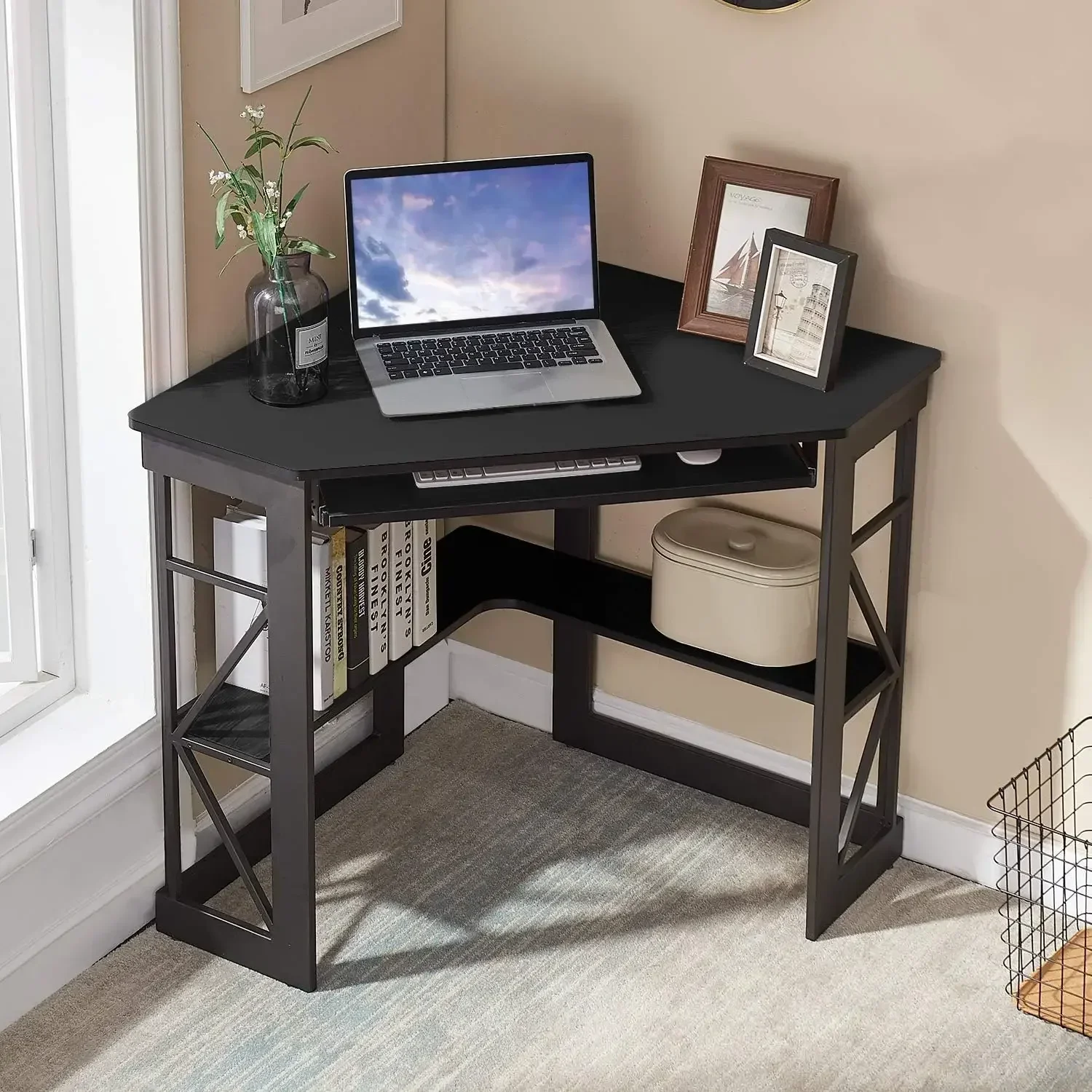 Corner Desk Computer Desk Writing Table with Smooth Keyboard Tray & Storage Shelves,Compact Home Office Triangle Table,Black