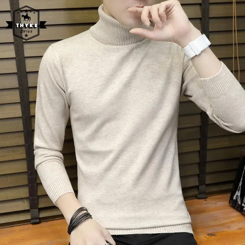 

High Neck Solid Knit Sweater Mens Korean Slim Fit Pullovers Knitted Base Sweater Male Solid Color Simple Fashion Sweaters Winter