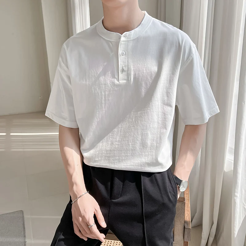 

White Henry Collar irt Men's Summer Thin Breathable ort Sve Lightweight Maturi Sle ort Sve High-End Feeling