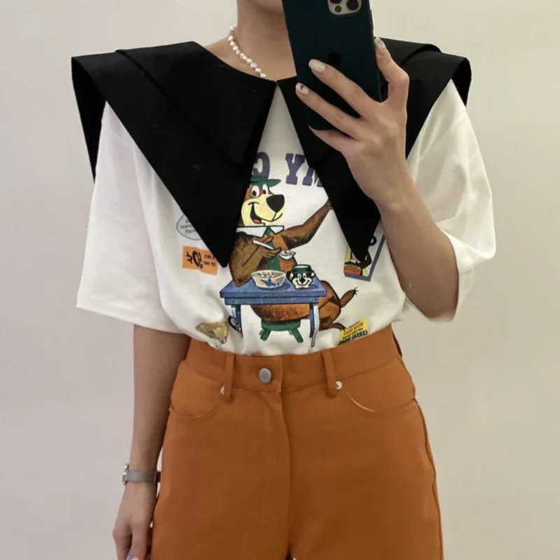 Neploe Femme Retro Tops 2024 Summer Temperament Double-Layer Pointed Neck Tees Cartoon Printting Short Sleeve Simple T-Shirt