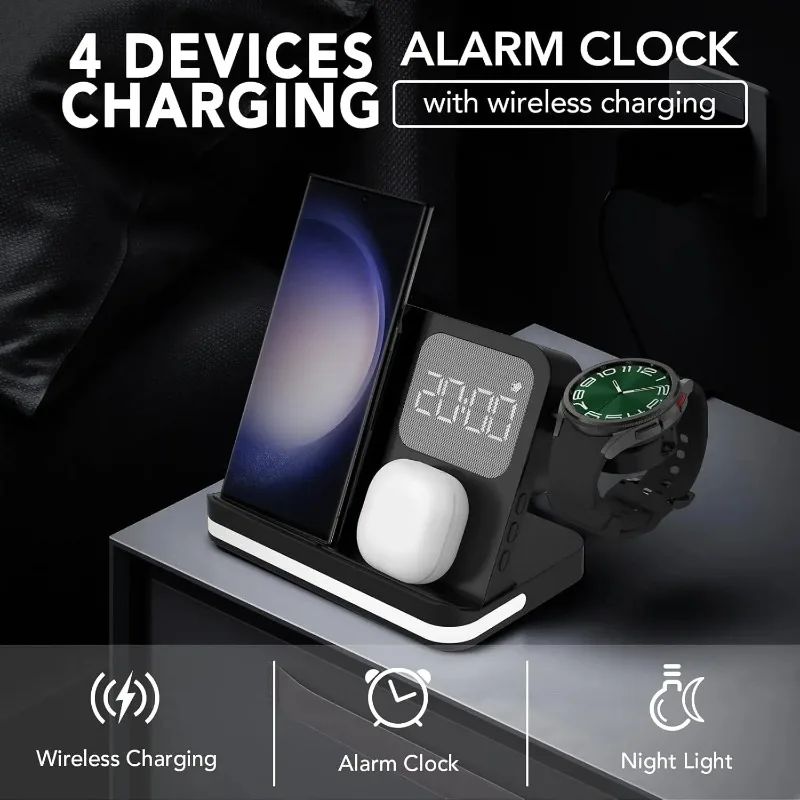 4-in-1-ワイヤレス充電ステーション、目覚まし時計、ledナイトライト、高速充電スタンド、samsung-galaxy-watch、buds、全機種対応