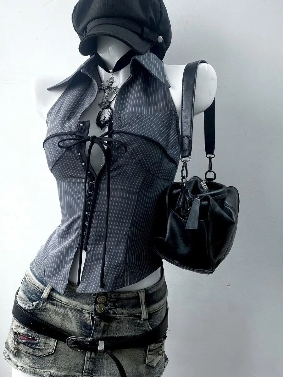 

Retro American Vintage Striped Stand Collar Svel irt Waist Cinched Millennium Spicy Girl Y2K Top Women's Faion