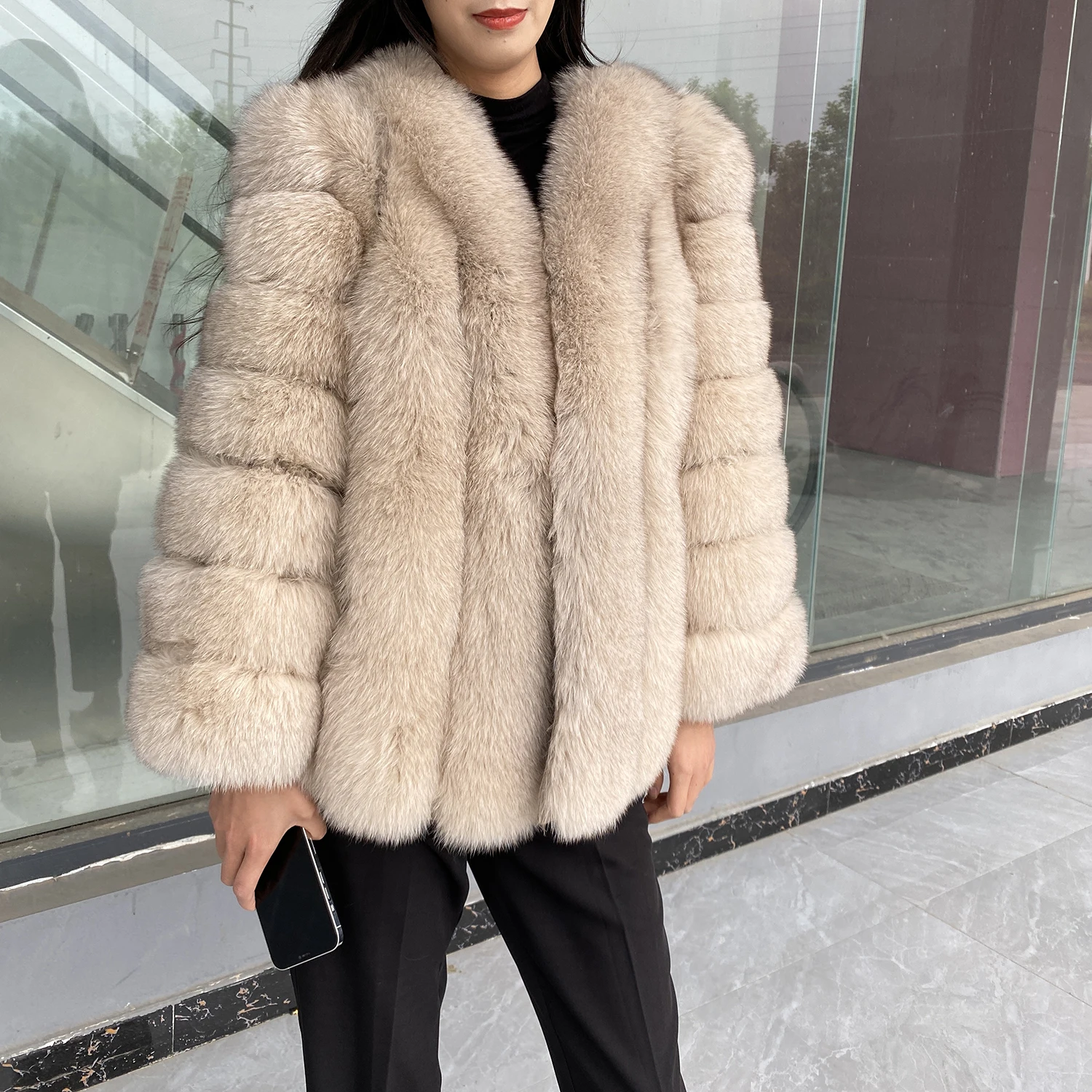 Real Fur Coat Women Winter Fashion Natural Fox Fur Jacket Deep V