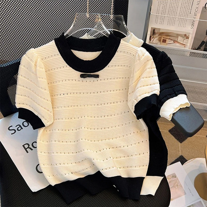 Summer Sweet Hollow Out Knitted T-shirt Women Contrast Color Round Neck Short Sleeve Crop Top