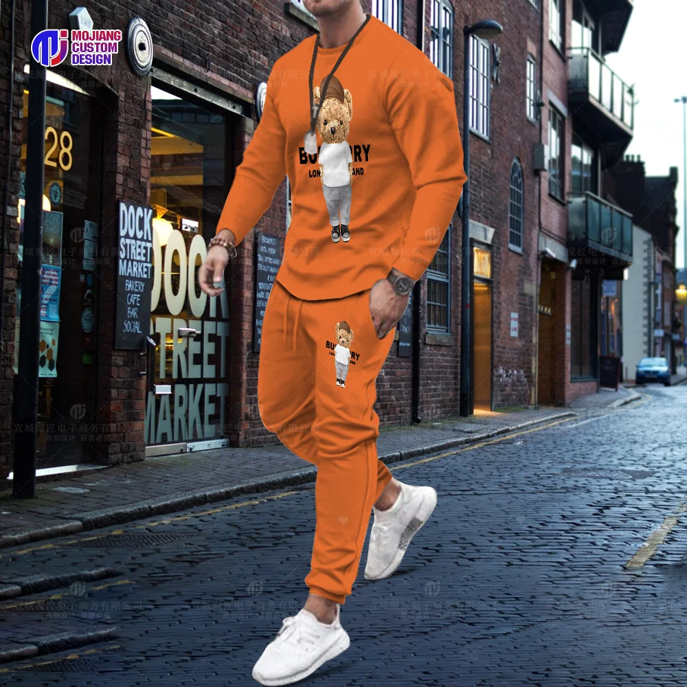 Hot Selling Korean Cotton Bear Long Sleeve T-Shirt Trousers Set Men Luxury 2 Piece Set Streetwear Summer Quality Sportswear