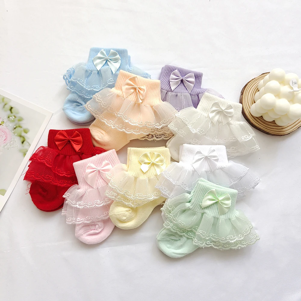 0-9Y Baby Cotton Socks With Lace Girls Ankle Socks Bows Toddlers Floor Sock Cute Frilly Socks For Children Girls Princess Sock