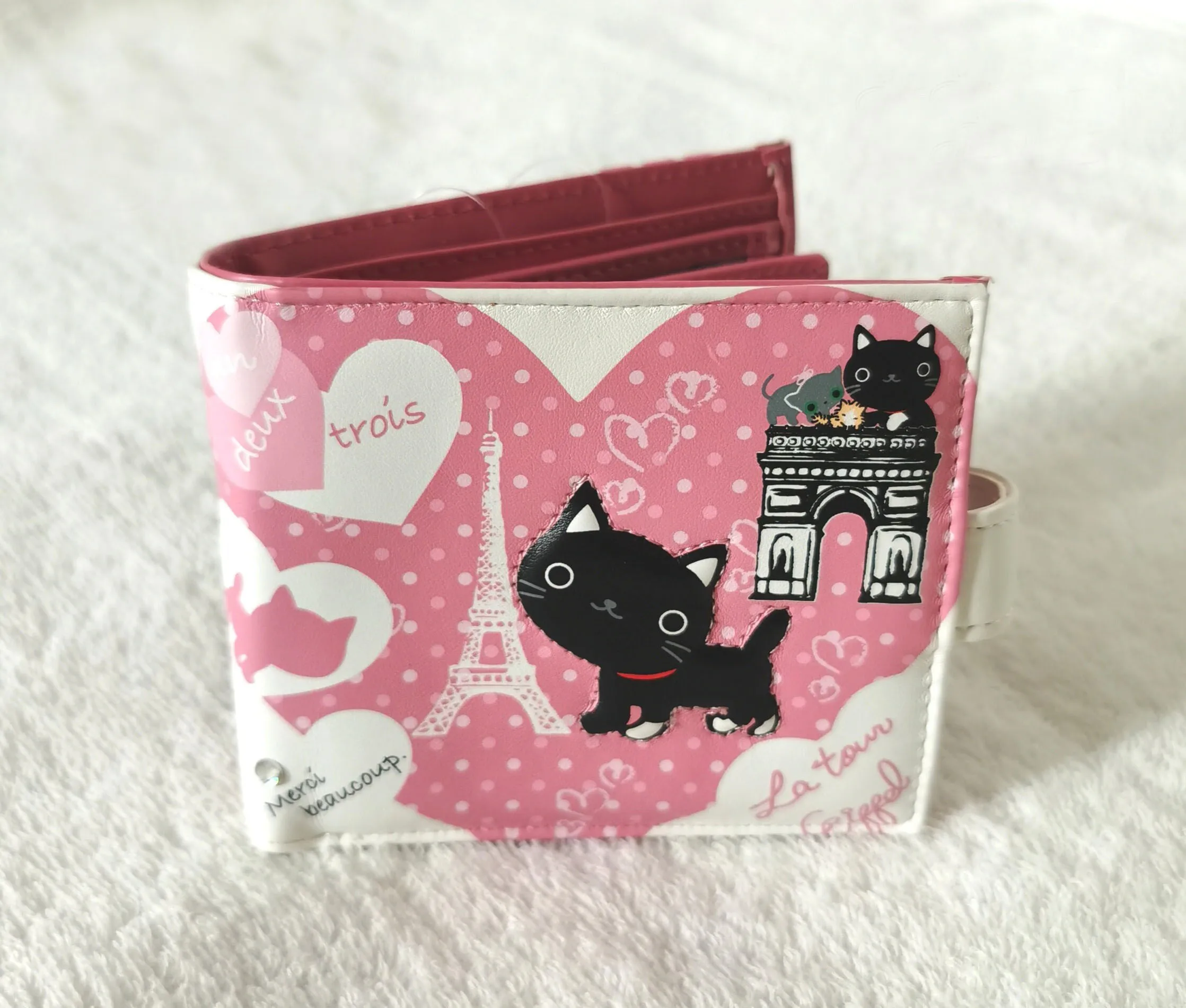 Cute 3D Kutusita Nyanko Black Cat Pink Wallet Purse Leather Compact Short Wallets for Women Girls Card Holder Purses Money Bag