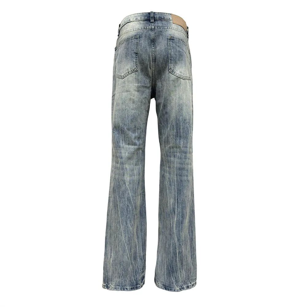 MWJLPWQ Whisker Frayed Multi Rip Hole Flare Jeans Men's Wash Detail Stack Hem Unisex Vintage Street Autumn Denim Trousers 17177