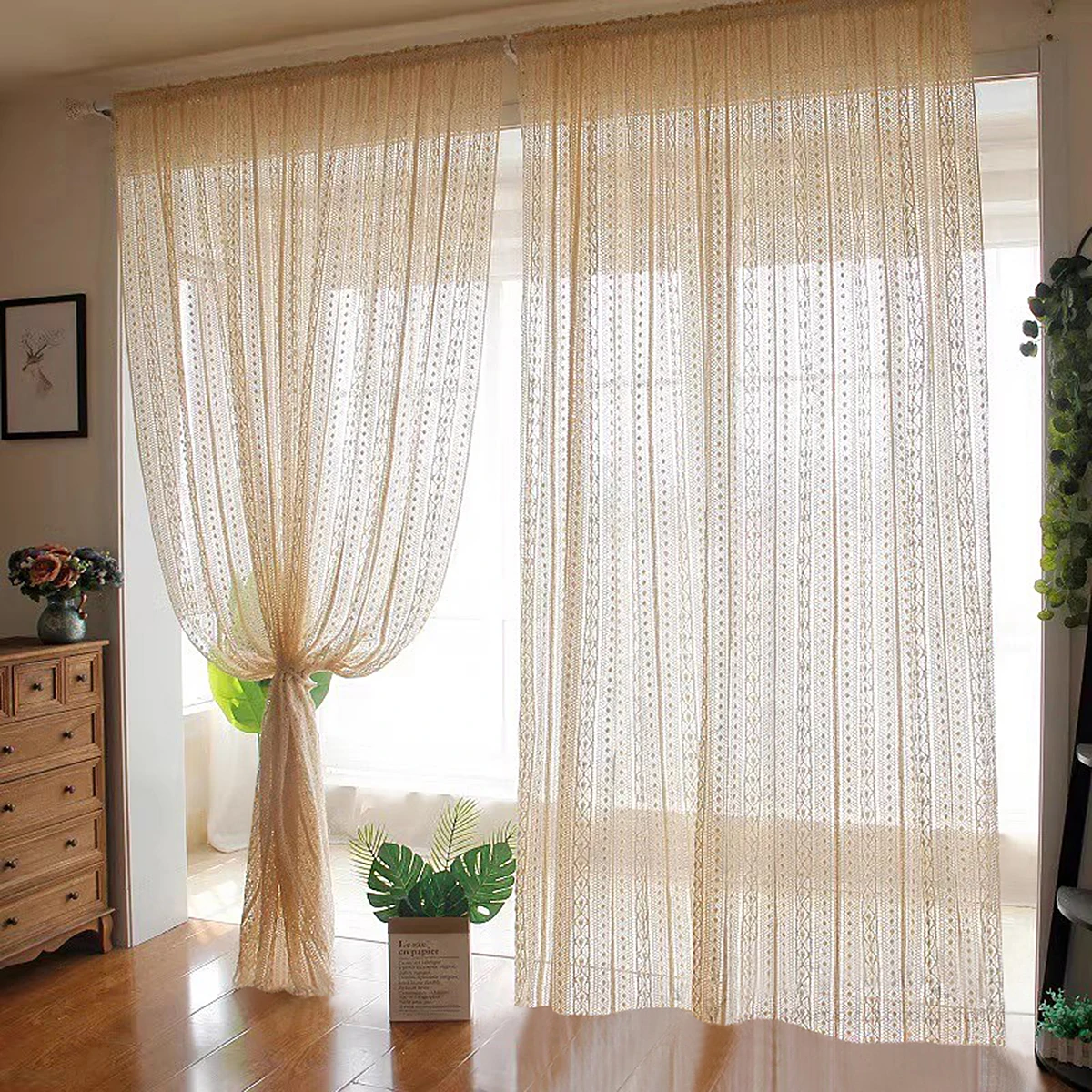 1pc Japanese Boho Style Stripe Sheer Curtain,Beige Vintage Geometric Sheer Curtain，Rod Pocket，Voile Tulle for Living Room Decor