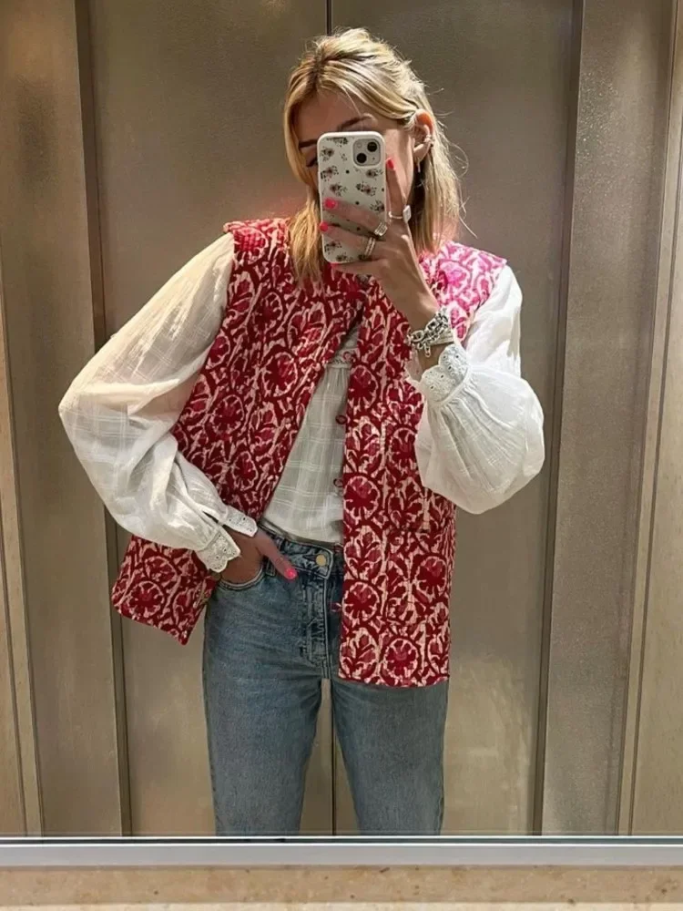 

Women Printed Embroidery Reversible Vest Jacket Vintage National Style Casual Patchwork Vests Elegant Streetwear Waistcoat