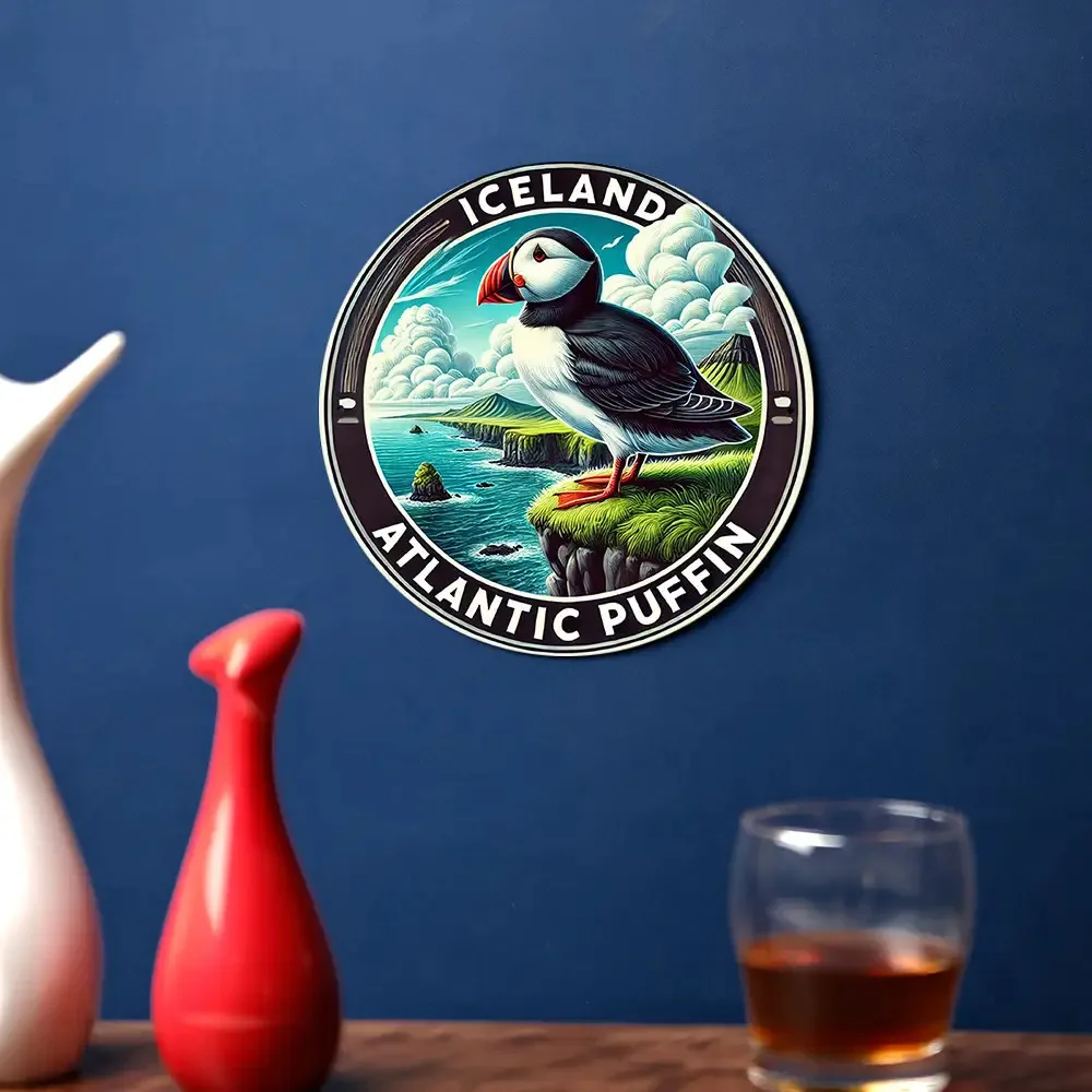 2D Flat, 2D Flat Icelandic Puffin Metal Wall Art - 31.89inch Round Aluminum Sign with Atlantic Puffin and Iceland Map Outline, W