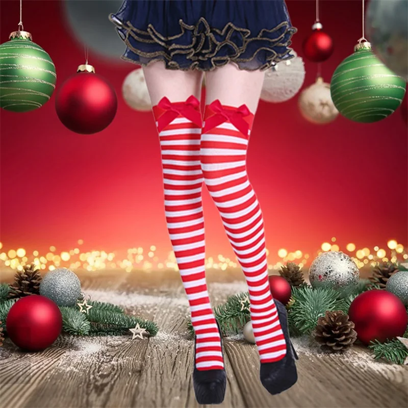 Kaus kaki natal wanita kaus kaki setinggi paha bergaris 3D busur Lolita kaus kaki bot Natal Cosplay Lucu