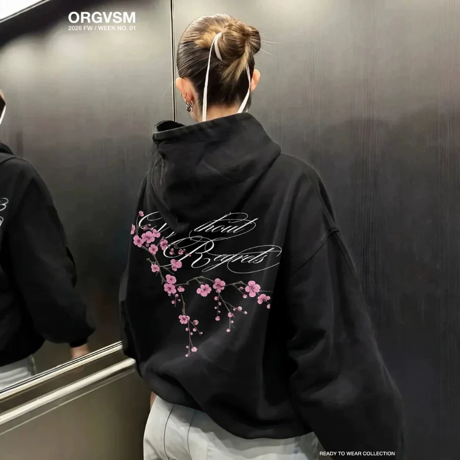 Y2K Romantic Cherry Blossom Floral Cursive Print Oversized Pullover Hoodie Women Aesthetic Floral Graphic Hooded Sweatshirt