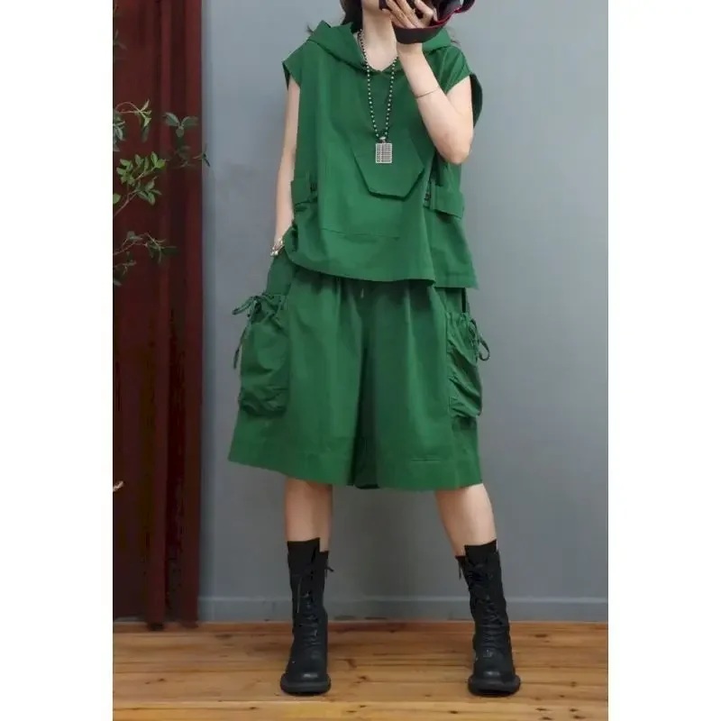 女性用ツーピースフード付きベストセット,パーソナライズされたベスト,コートとショーツ,カジュアルな薄いスーツ,モノクロトレンド,夏