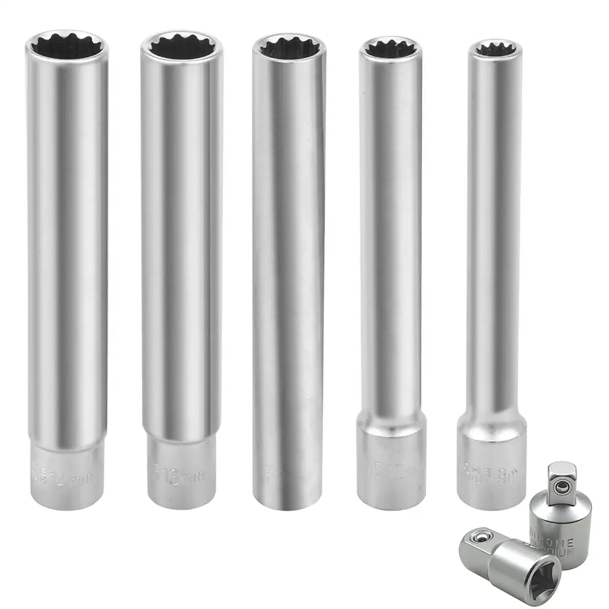 7PCS Deep Metric Socket Set 3/8-Inch Drive 12PT 8-10-12-13-14MM with 1/2 3/8-Inch Adapter- Extra Long Deep 120MM
