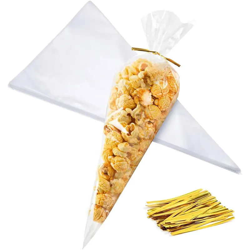 Sacs cônes en plastique avec attaches torsadées, 25/50 pièces, pour friandises à pop-corn, bonbons, cadeaux et cadeaux de fête, emballage