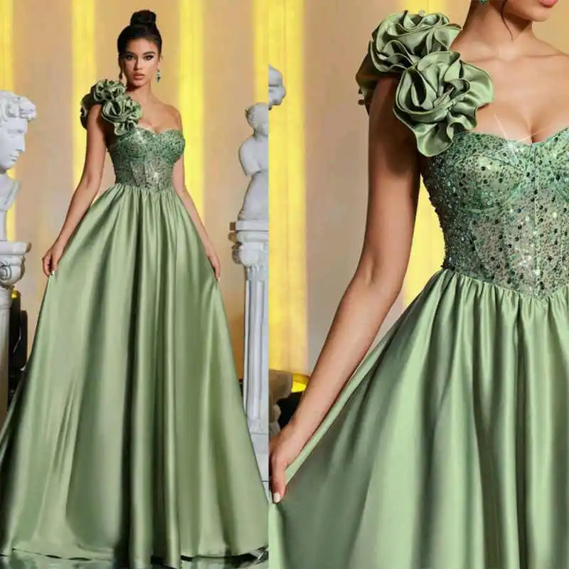 

Exquisite Green Evening Dress A-Line Satin Appliques With New Design Court Gown Dress Floor-Length Vestido De Noite Customized