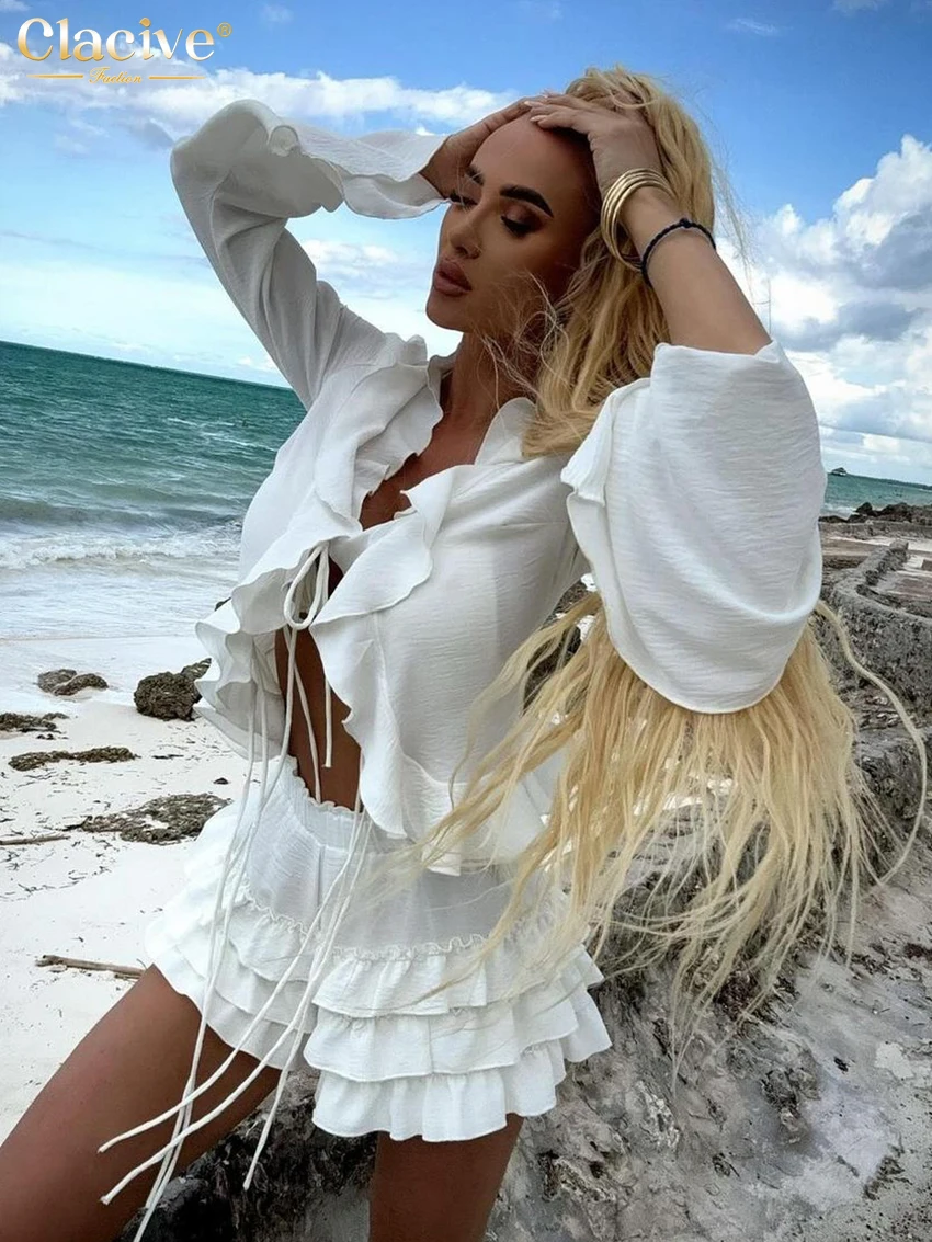 Clacive Sexy Loose White 3 Piece Sets Women Outfit 2024 Fashion Long Sleeve Crop Top + Bra With High Waist Mini Skirt Set Female