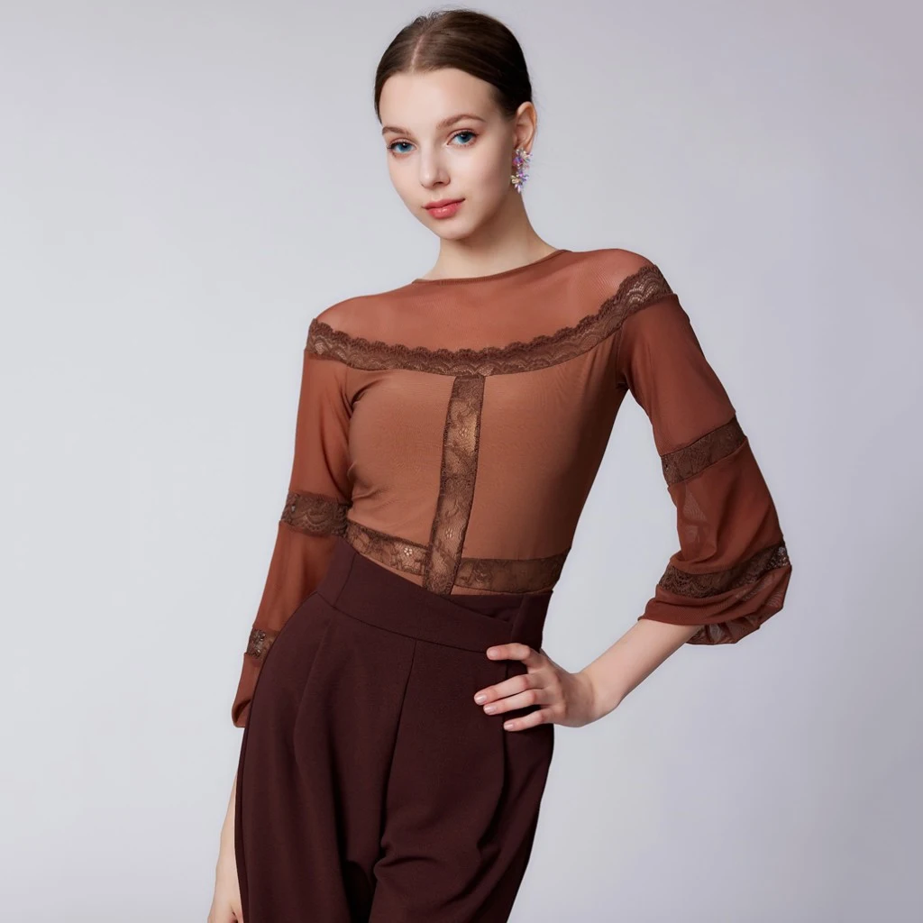 

Modern Dance Tops Long Sleeve Lace Mesh Tops Performance Costumes Samba Chacha Ballroom Dance Adult Latin Dance Costumes DN20477