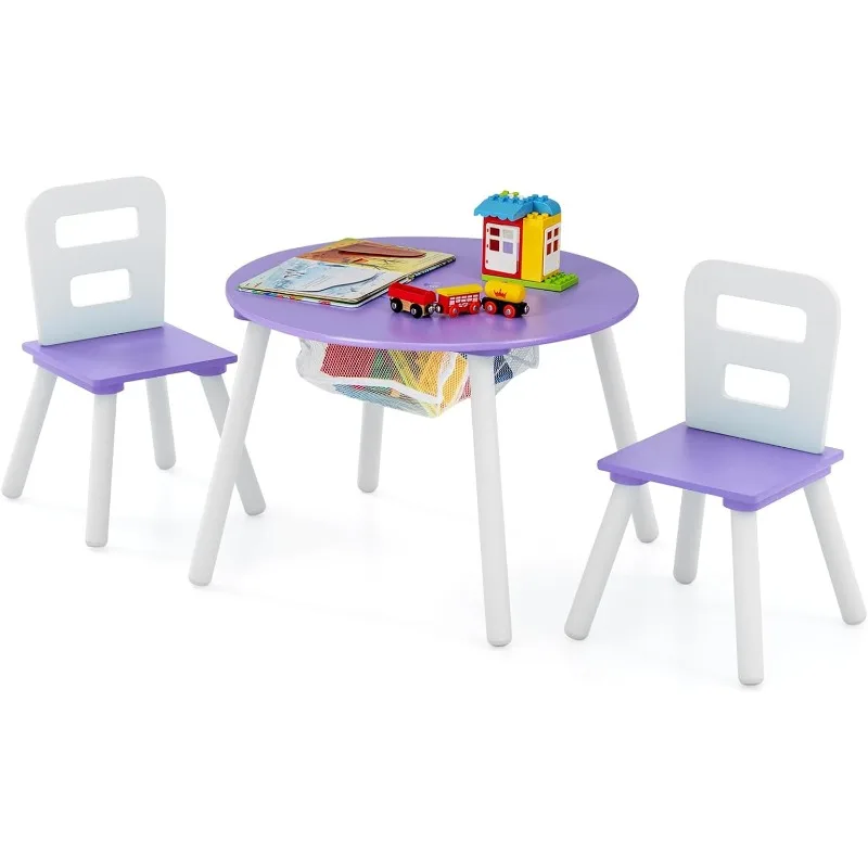 Juego de mesa y silla para niños, mesa de actividades de madera con almacenamiento de malla central, muebles para niños, regalo para niños y niñas,