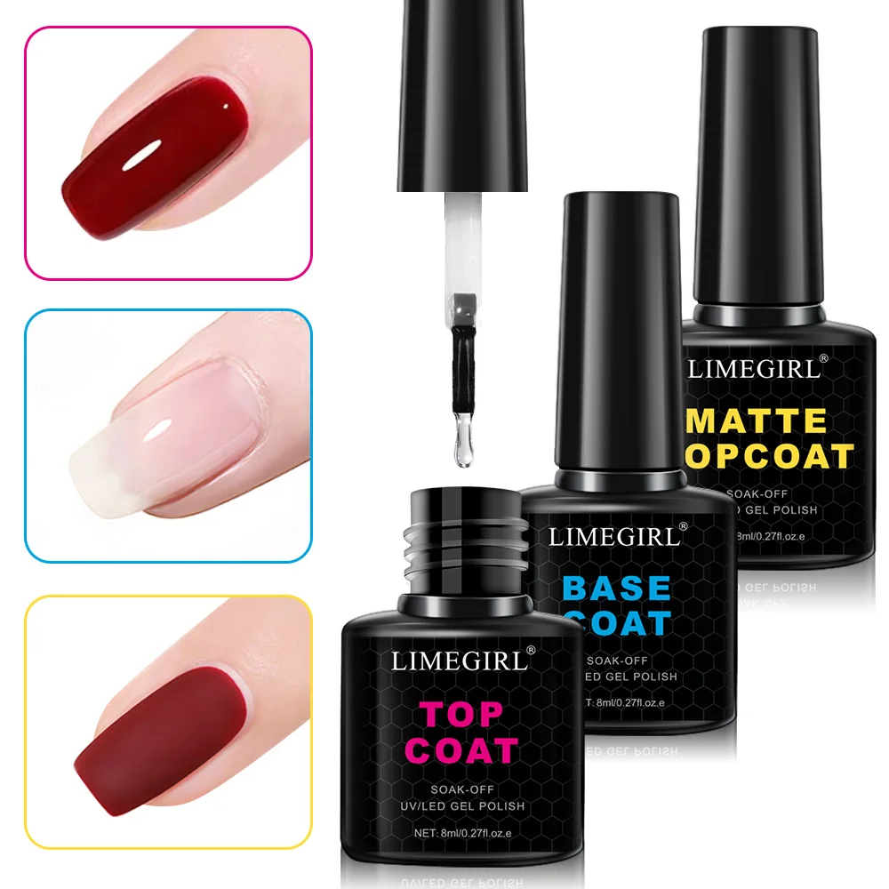 LIMEGIRL 8ml Soak Off Matte Top Base Coat for Nails UV Gel Polish Semi Permanent Functional Manicure Top Base Coat Varnish