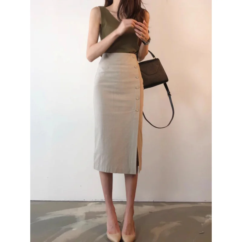 Women's Cotton and Linen Split Skirt2024New High Waist Drooping Skirt Small Temperament Mid-Length One-Step Hip Skirt