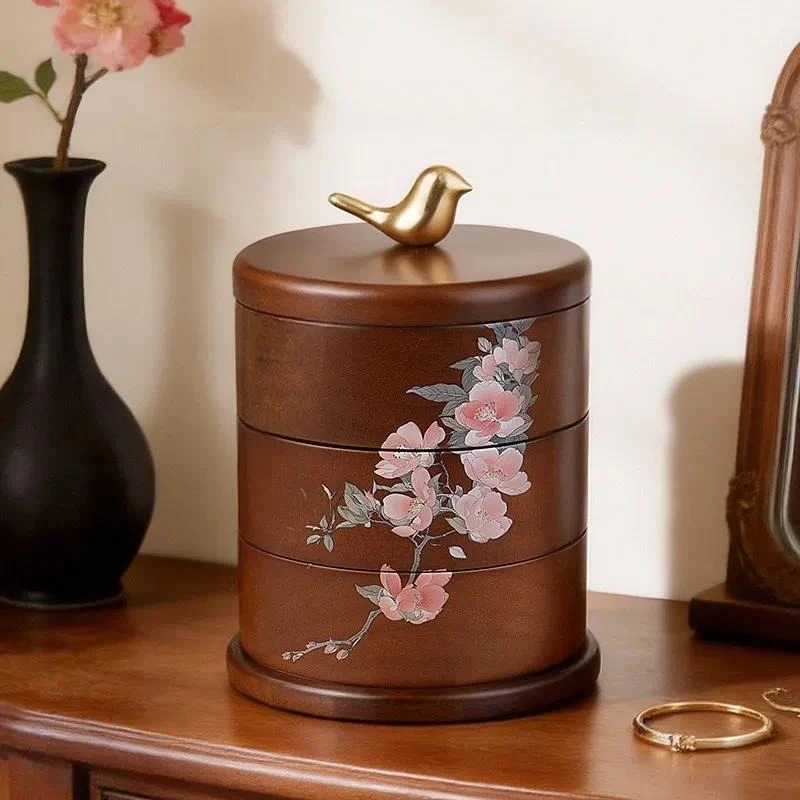 for New Chinese Style Solid Wood Jewelry Storage Box High End Exquisite Rotatable Round Jewelry Organizer for Valentine's Day