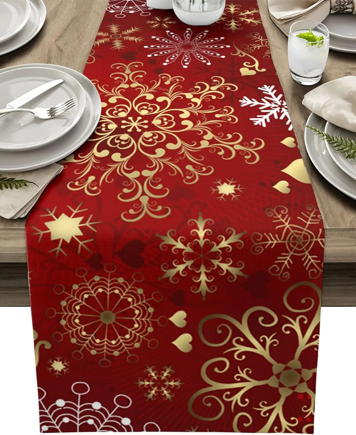 Christmas White Gold Snowflake Linen Table Runner for Table Decor Winter Xmas Kitchen Dining Table Runners Christmas Decorations