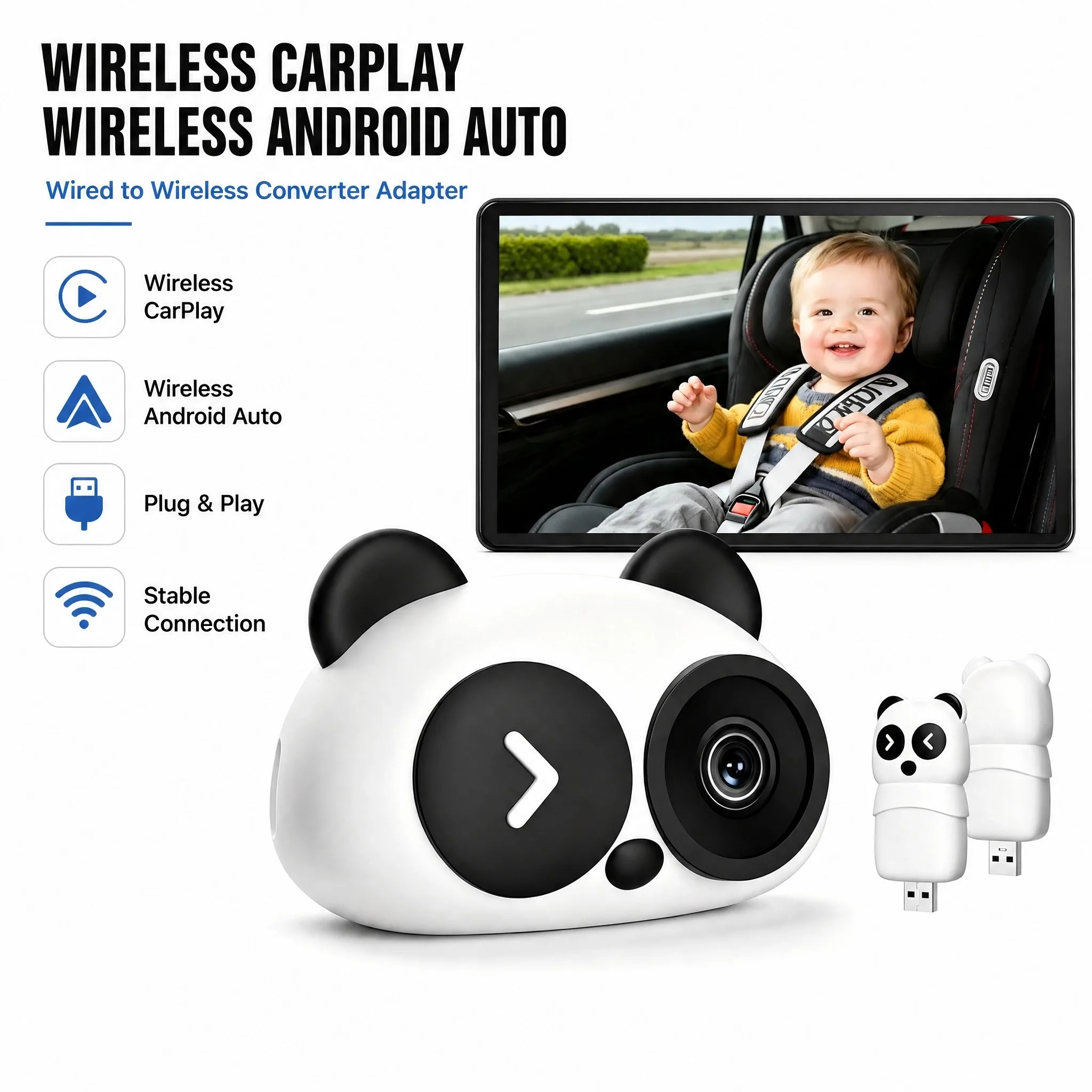 1080P Wireless Carplay Baby Car Camera Monitor, OTA Upgradable Backseat Child Safety Cam with Split Screen, Easy Install