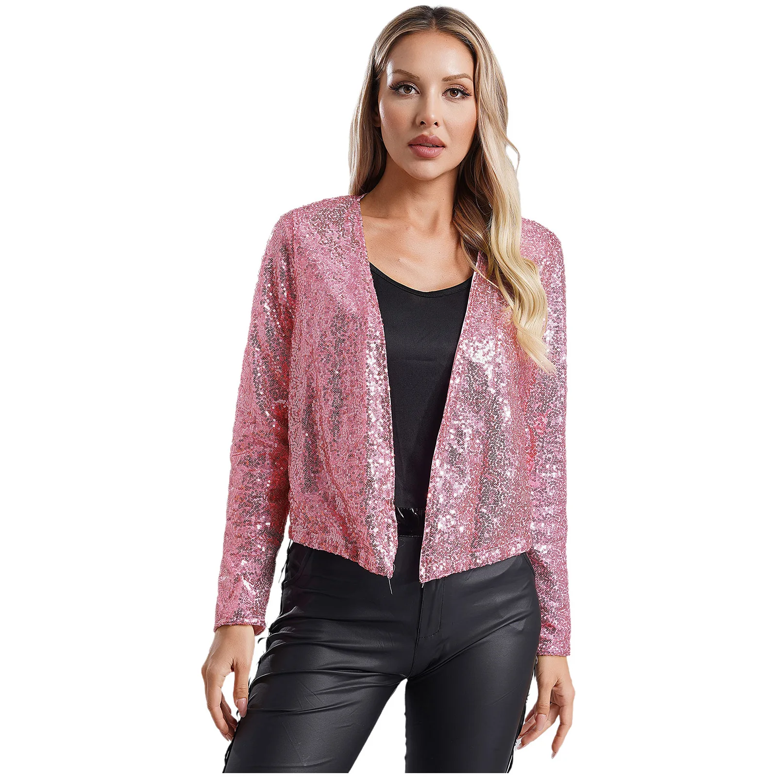 Fashion Womens Glitter Sequined Jackets Long Sleeve Open Front Cardigan Street Dancing Evening Party Bolero Coats Clubwear