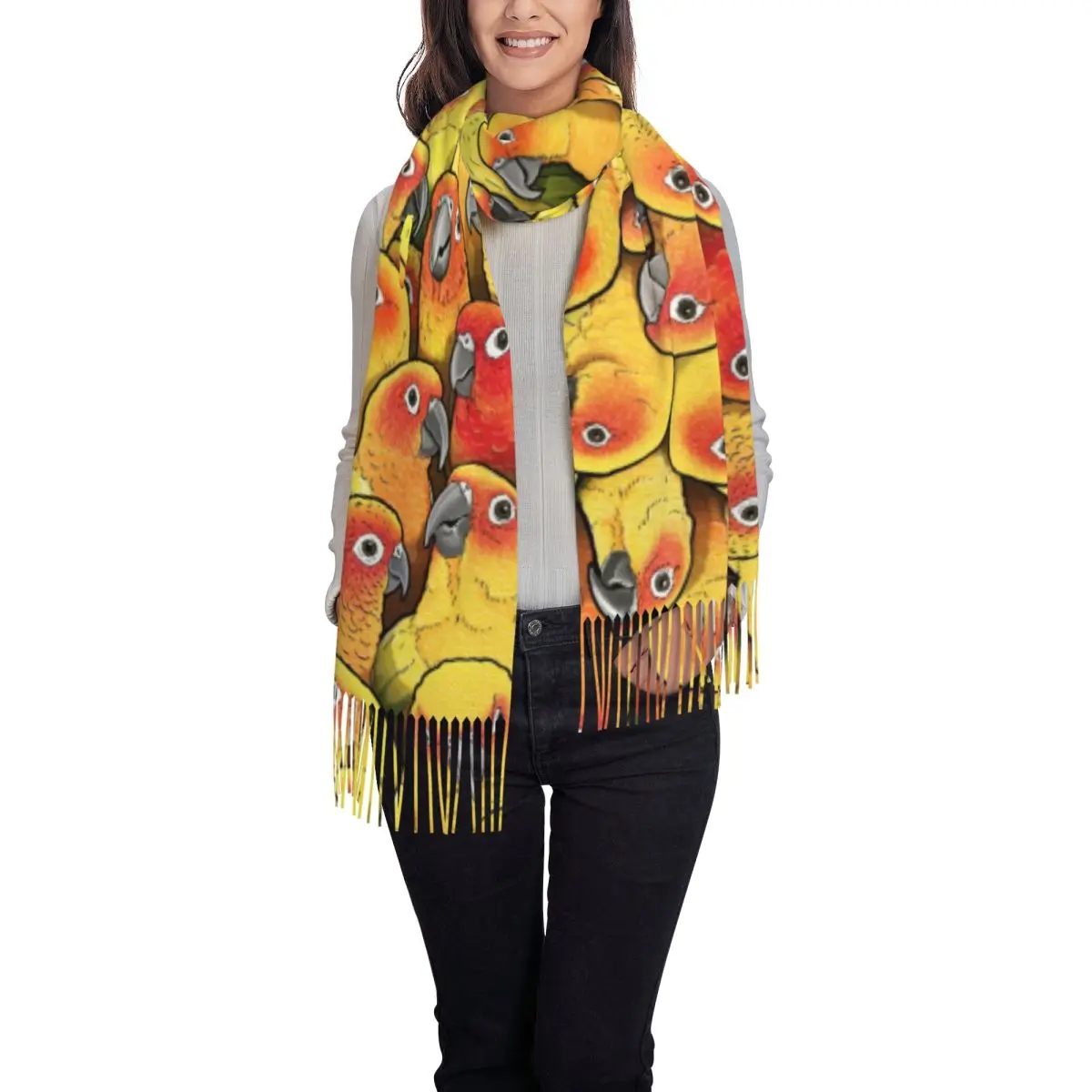 Custom Sun Conures Squad Tassel Scarf Women Winter Fall Warm Shawl Wrap Female Parrot Birds Scarves