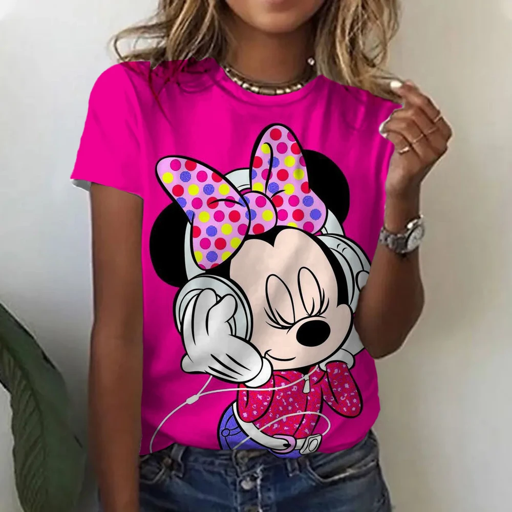 Fashion Womens T-shirt 3D Kawaii Tees Tops 2024 New Harujuku Disney Mickey Mouse Short Sleeve T Shirt Oversized Loose Woman Top