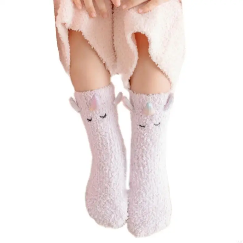 581F Unicorns Pattern Socks Baby Ankle Socks Soft Breathable Coral Fleece Socks Warm Thick Socks for Toddlers Infant Children