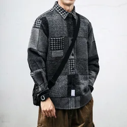 Herbst und Winter japanische Vintage Spleißen Plaid Shirt Herren gebürstet lang ärmel ige lässig verdickte vielseitige Wollhemd