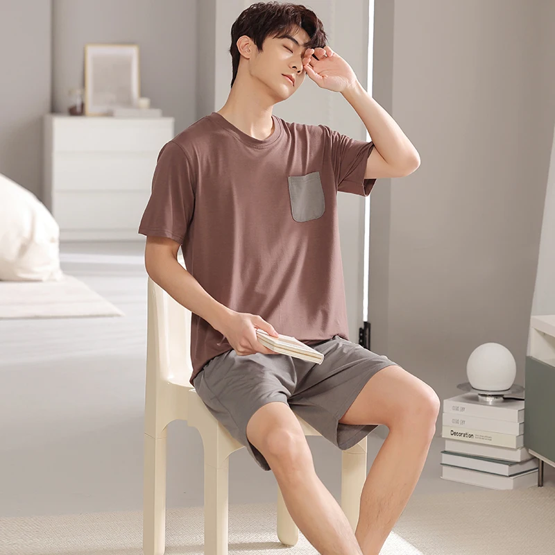 Modal macio dos homens conjunto de pijama verão L-4XL homem pijama terno de manga curta sólido pijama masculino primavera pijamas homem camisola xxxl