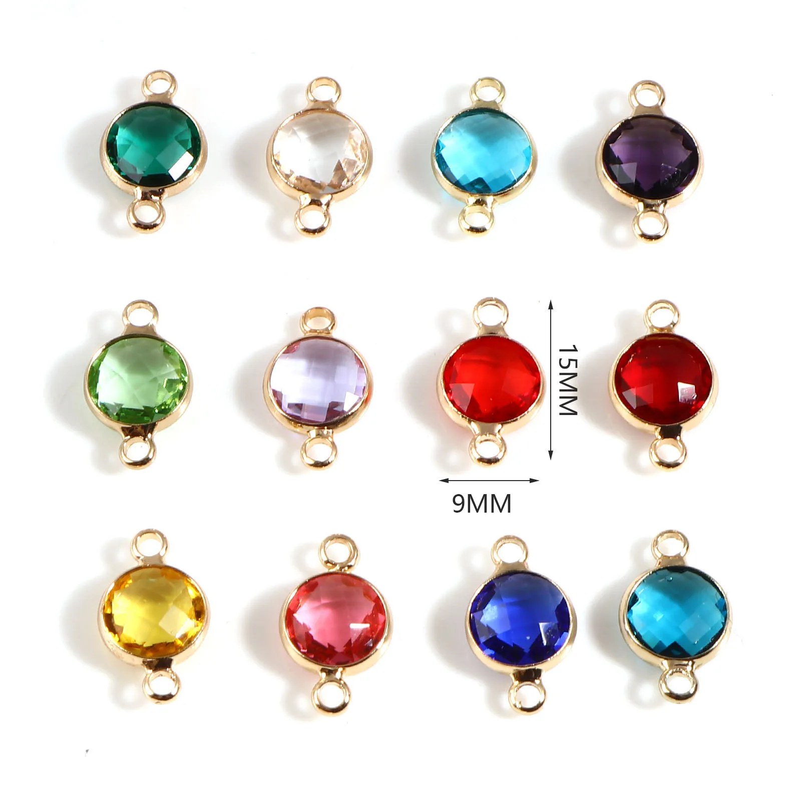 Gold Color Copper Birthstone Connectors Multicolor Glass Round Faceted Charm DIY Making Bracelets Jewelry Findings 15mmx9mm,5PCs