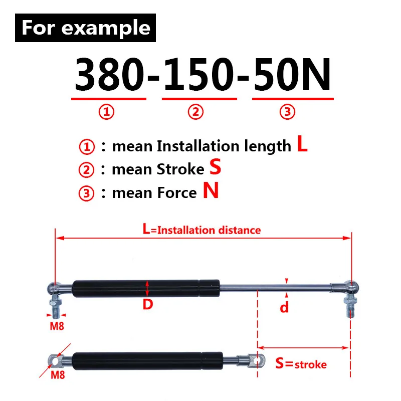 18*8 Rod Stroke gas spring folding hinge 50N-500N/5kg-50kg Force lift support Hole Center Distance 380mm stroke distance 150mm